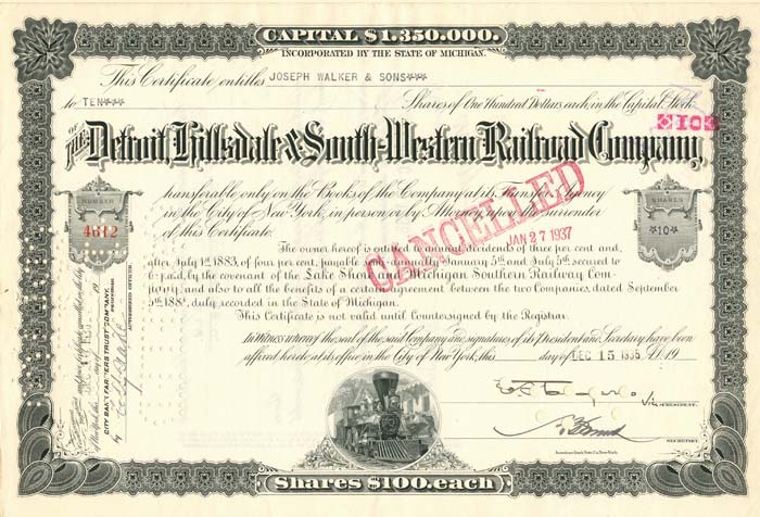 Detroit, Hillsdale and South-Western Railroad Co. - 1930's dated Michigan Railway Stock Certificate